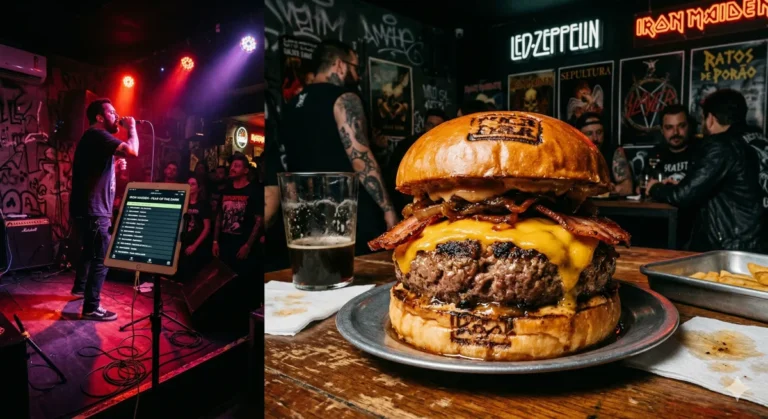 Hambúrguer de 180g com queijo derretido e bacon em um bar de rock autêntico em Pinheiros.