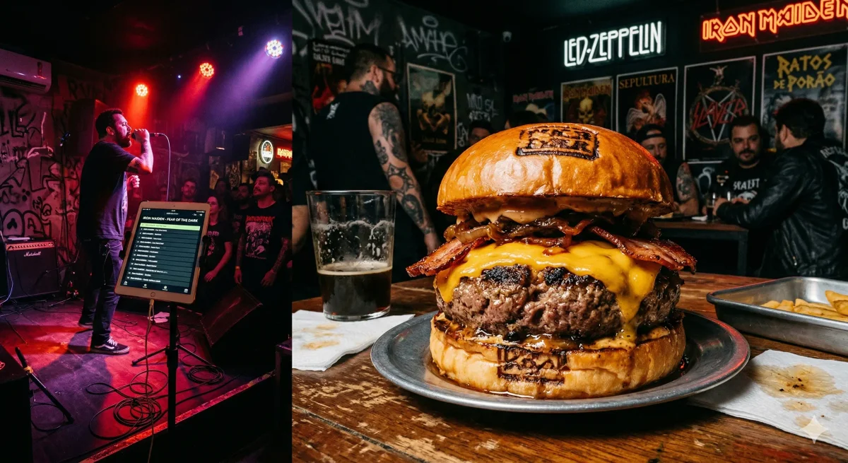 Hambúrguer de 180g com queijo derretido e bacon em um bar de rock autêntico em Pinheiros.