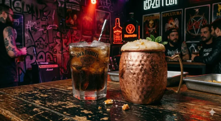 Drink autêntico em copo de vidro com gelo e limão em um balcão de bar de rock escuro com luzes neon.