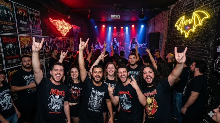 Galera fazendo o sinal do rock com as mãos e celebrando na Brutal House Rock, com luzes de neon ao fundo em ambiente underground.
