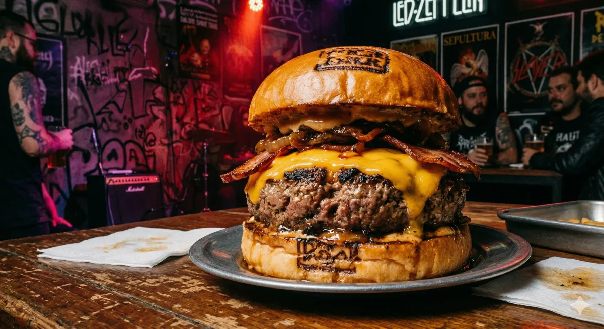 Close-up agressivo do hambúrguer Dimmu Burger com adicional de carne Carnibal Corpse, mostrando duas camadas de 180g e queijo derretido na Brutal House.