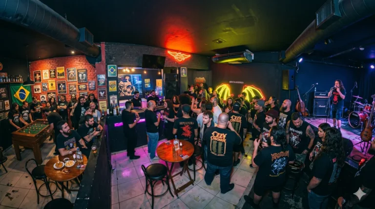 Galera reunida na Brutal House Rock sob luzes de neon e clima de som pesado em Pinheiros.