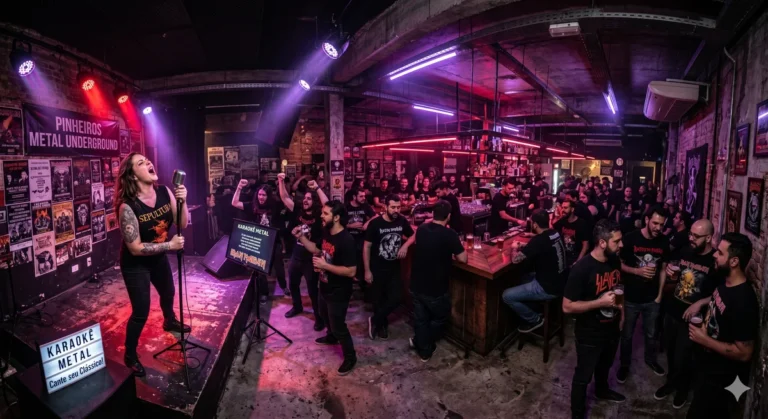 Ambiente interno autêntico da Brutal House Rock em Pinheiros, com iluminação dark, luzes neon roxas e galera curtindo som pesado.