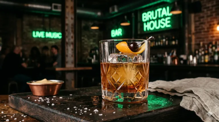 Drink sofisticado em copo baixo com gelo translúcido, iluminado por luz neon verde em um balcão de madeira escura.