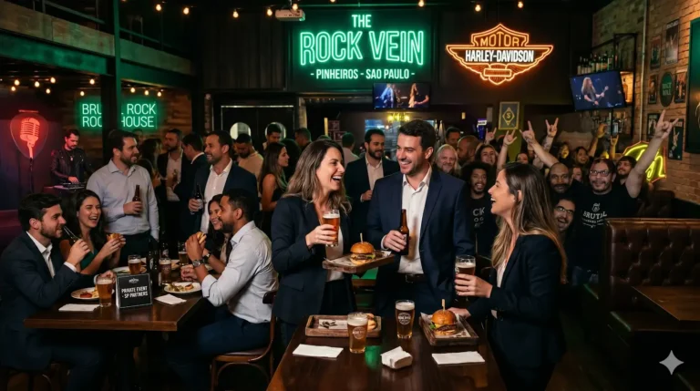 Ambiente de um bar de rock sofisticado preparado para um evento corporativo fechado, com mesas organizadas e iluminação neon verde.
