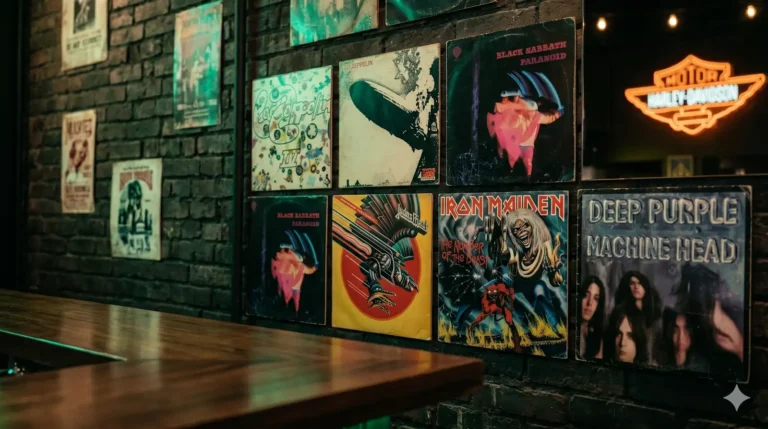 Discos de vinil clássicos de metal expostos em uma parede texturizada de bar, sob uma iluminação verde neon sutil.