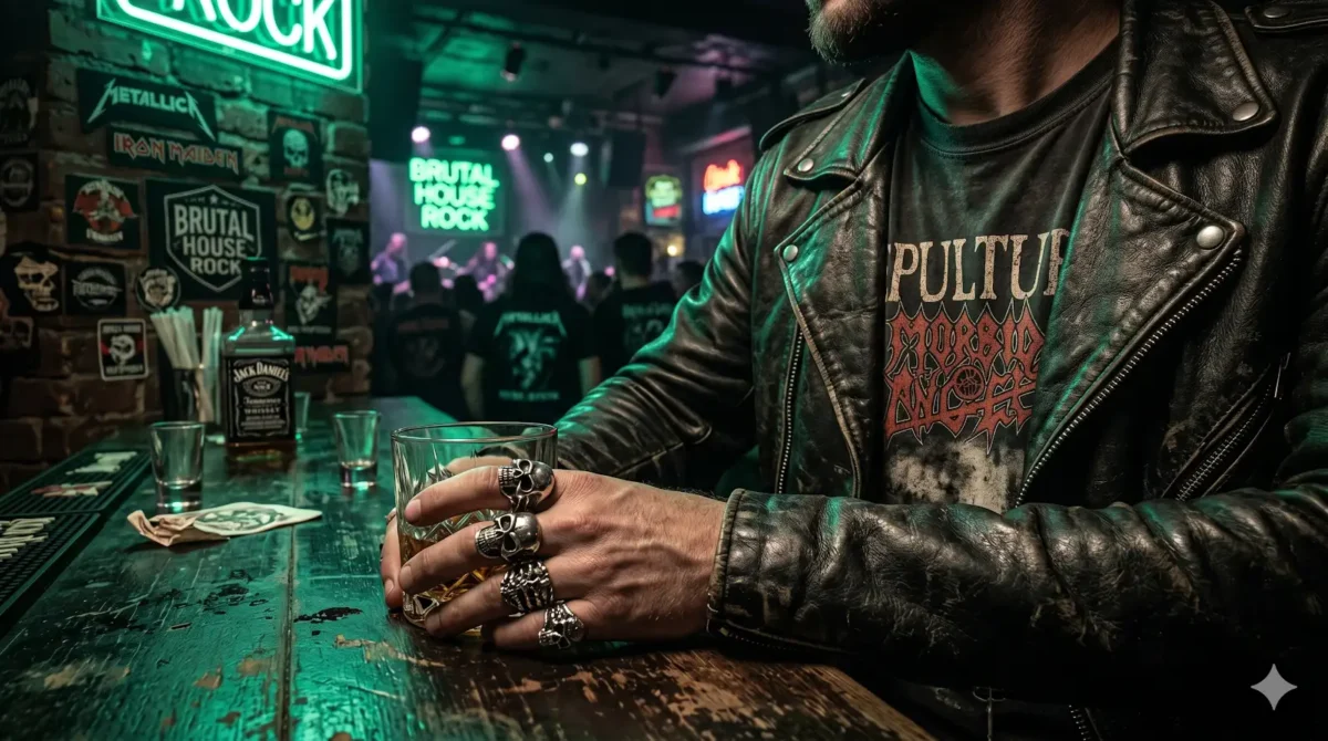 Close-up focado nos detalhes de um visual rock de respeito: jaqueta de couro texturizada, anéis de caveira pesados e uma camiseta de banda preta