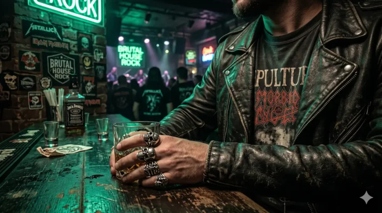 Close-up focado nos detalhes de um visual rock de respeito: jaqueta de couro texturizada, anéis de caveira pesados e uma camiseta de banda preta