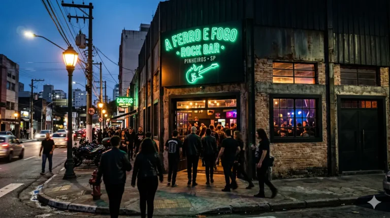 Fachada estilizada de um bar de rock em Pinheiros com luzes neon verdes vibrantes e guitarras na decoração, atraindo o público underground.