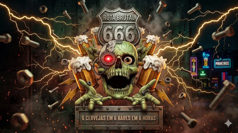 Arte oficial da Rota Brutal 666 com uma caveira ciborgue, canecas de cerveja e a frase 6 cervejas em 6 bares em 6 horas
