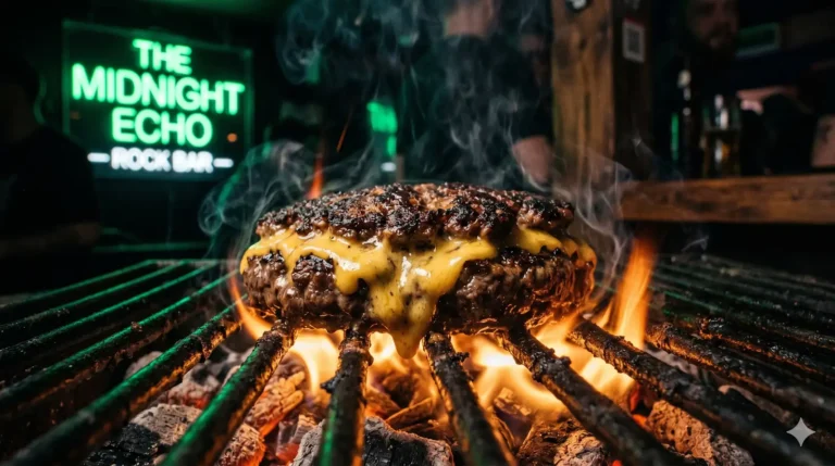 Hambúrguer artesanal robusto de 180g sendo grelhado na brasa viva, com queijo derretido escorrendo e fumaça densa sob iluminação verde neon de fundo.