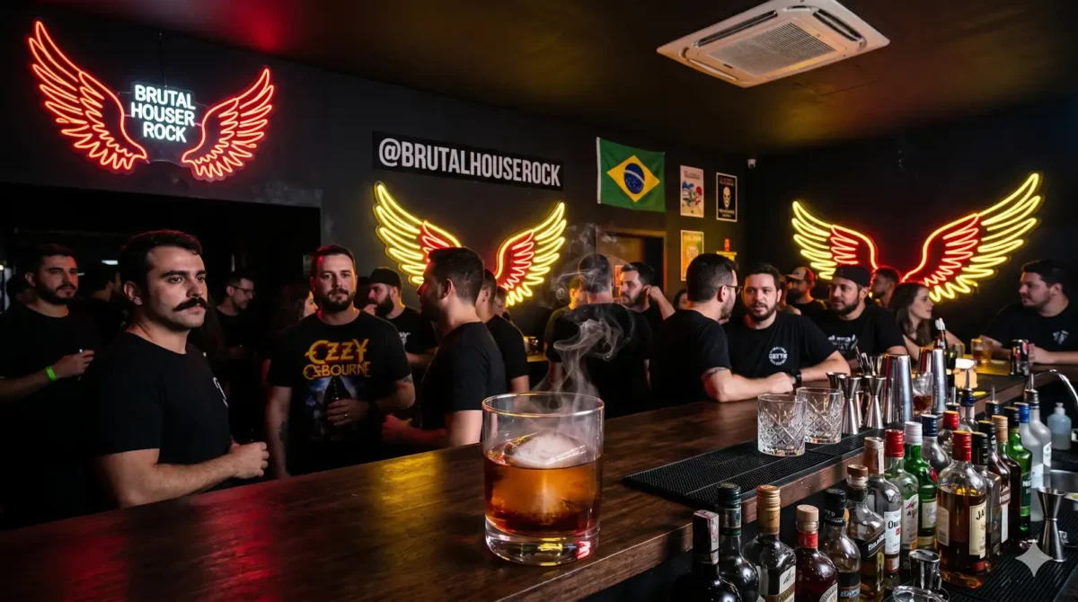 Balcão de madeira escura da Brutal House Rock lotado, iluminado por letreiros neon em formato de asas amarelas e vermelhas, exibindo um copo de drink autoral defumado com gelo translúcido.