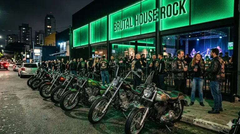 Fileira de motocicletas customizadas clássicas e imponentes estacionadas em frente à fachada industrial iluminada em verde neon da Brutal House.