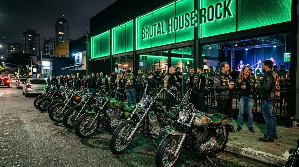 Fileira de motocicletas customizadas clássicas e imponentes estacionadas em frente à fachada industrial iluminada em verde neon da Brutal House.