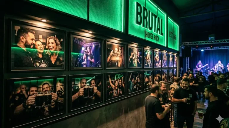 Mural analógico e digital em um bar de rock exibindo colagens de fotos de clientes comemorando com burgers e brindando com canecas de chope.